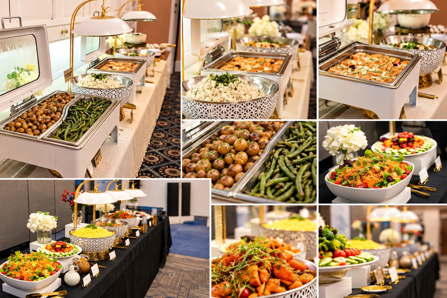 buffet presentation concept collage with white serving dishes, gold accents and warm lighting