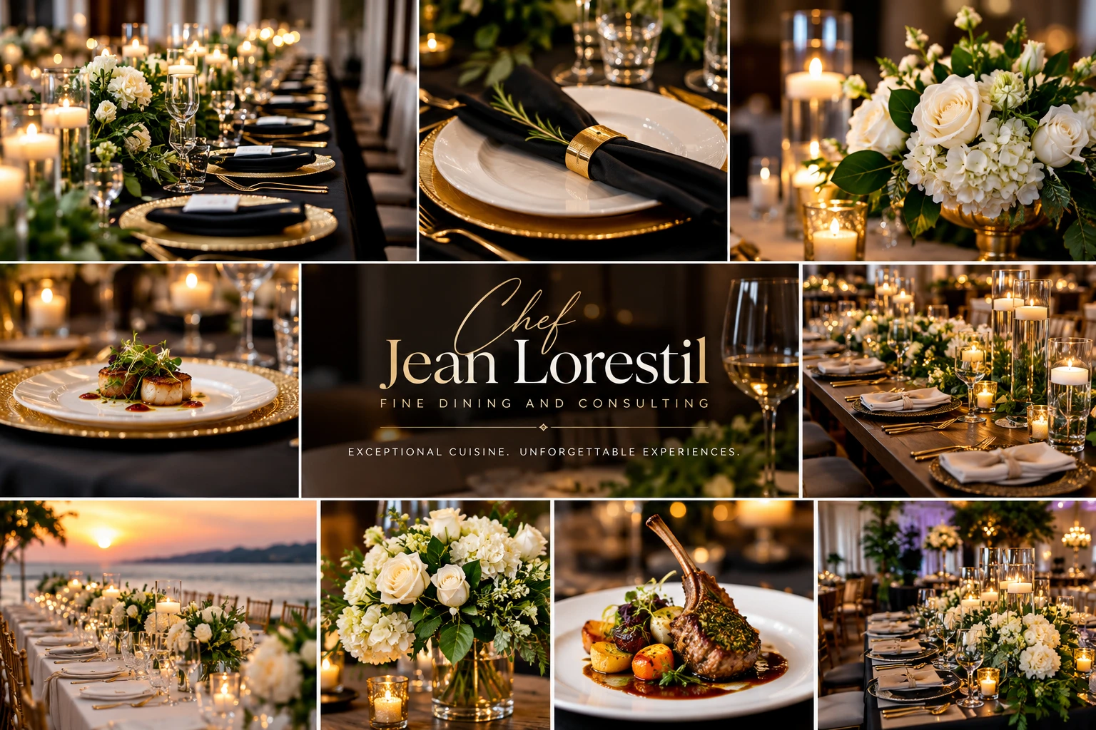 branded concept collage of black and gold table settings, candlelight and plated food