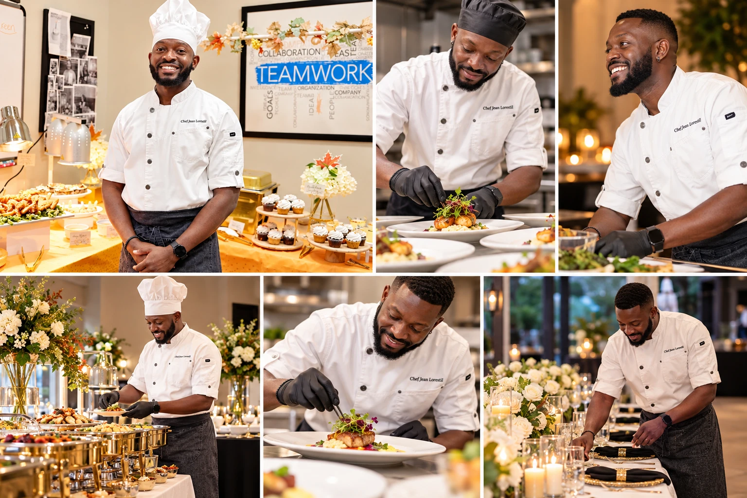editorial concept collage featuring Chef Jean Lorestil in branded dining and food presentation scenes
